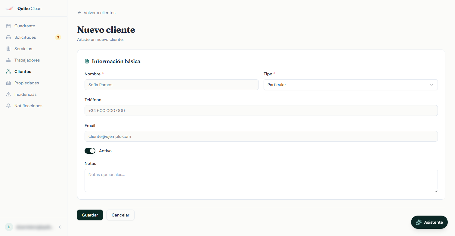 Formulario de nuevo cliente con nombre, tipo, teléfono, email y notas.