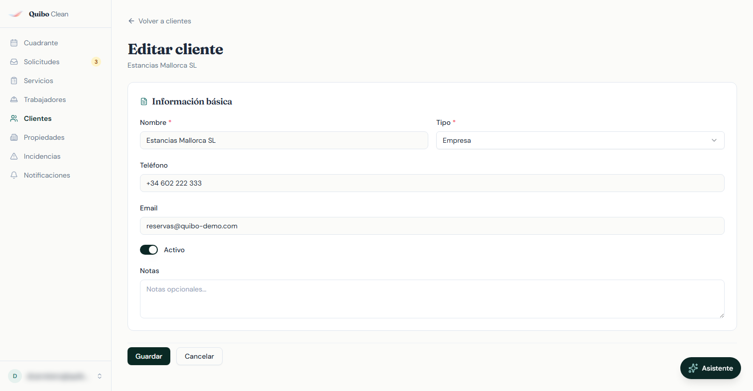 Ficha de edición del cliente Estancias Mallorca SL con nombre, tipo, teléfono, email y notas.