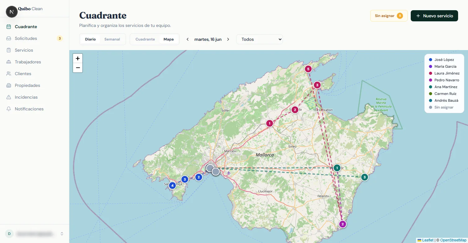 Vista mapa del cuadrante: las rutas del día de cada persona del equipo geolocalizadas sobre Mallorca con sus paradas numeradas