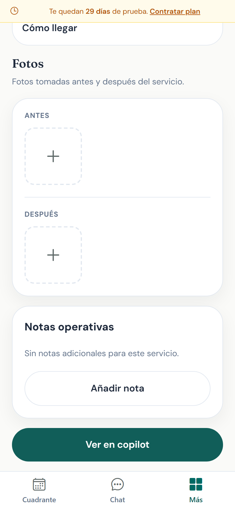 Detalle de un servicio en la app móvil con la foto de entrega del equipo