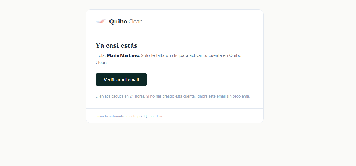 Correo de Quibo Clean con el título 'Ya casi estás' y el botón 'Verificar mi email'