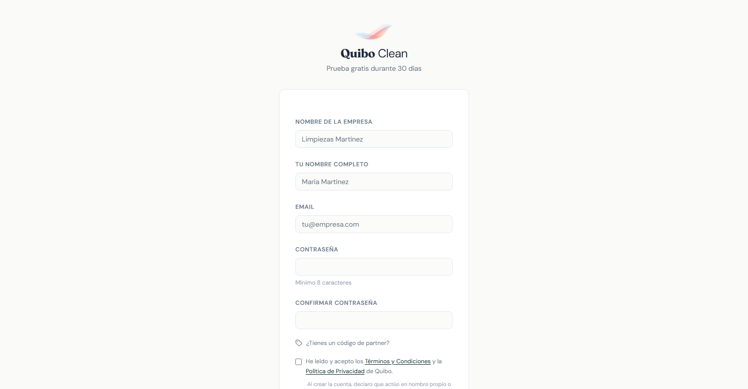 Pantalla de signup de Quibo Clean con el formulario de nombre de empresa, nombre completo, email, contraseña y el botón 'Crear tu empresa'