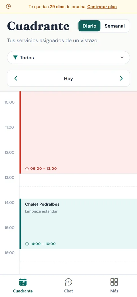 App móvil de Quibo Clean mostrando los servicios del día