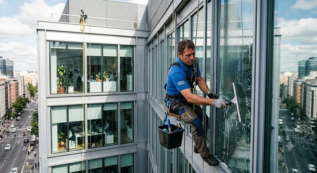Limpiacristales del equipo limpiando en altura la fachada acristalada de un edificio de oficinas